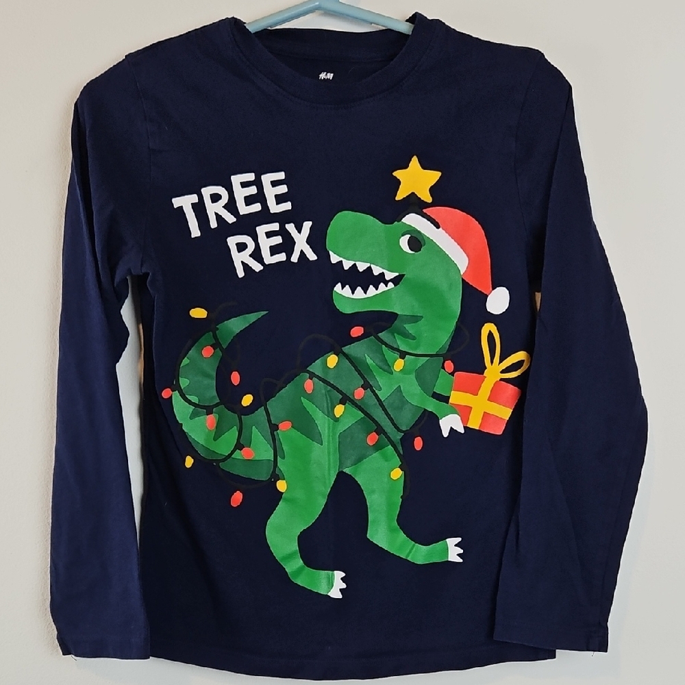 H&M Kids Festive Dinosaur Long Sleeve Tee - Navy and Green Size 6X/7